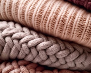 Colorful knitted fabric stack with pigtails. Knitted sweater, plaid, scarf. Knitted background with ai generative