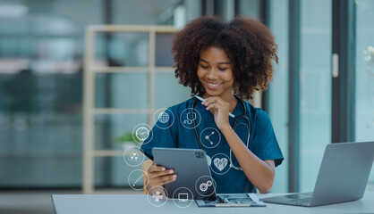 Medicine doctor touching on digital tablet and hologram modern virtual screen interface icons, Medical technology and futuristic concept.