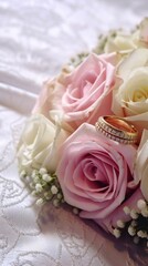 Bridal Roses bouquet with rings on lace background. AI generated