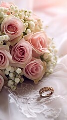 Bridal Roses bouquet with rings on lace background. AI generated