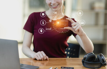 Businesswoman working with network digital interface icons, Business technology network concept.