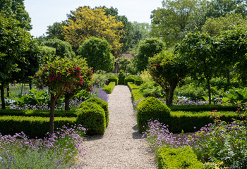 Naklejka premium Flower borders in a landscaped garden in Hartley Wintney, Hampshire, UK