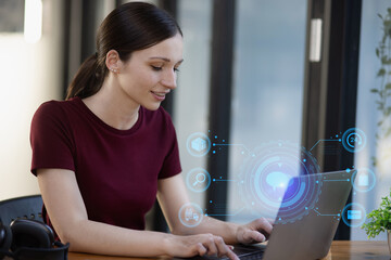 Businesswoman working with network digital interface icons, Business technology network concept.