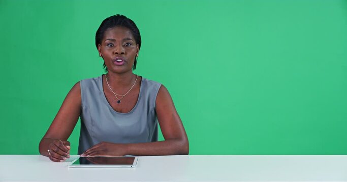 Green screen, face and woman talking as reporter, journalist and broadcast in mockup newsroom. Portrait of black female presenter, anchor and hosting media show, press event and global announcement