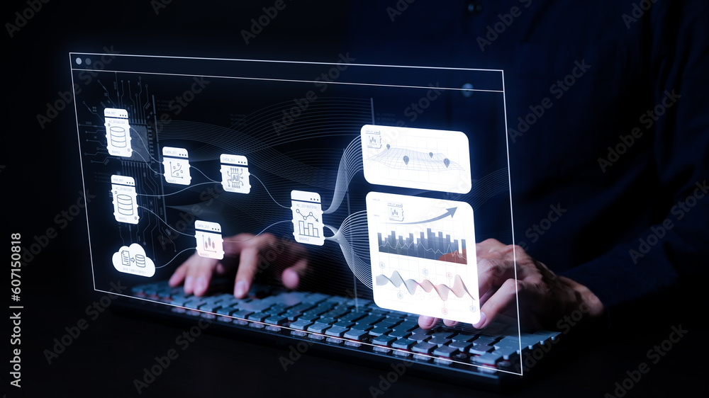 Poster analyst analyzing enterprise data management on the dashboard screen, business analytics with charts