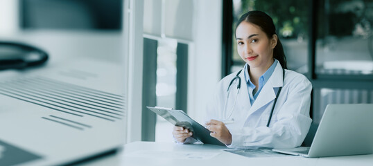 Medicine doctor touching on digital tablet and hologram modern virtual screen interface icons, Medical technology and futuristic concept.