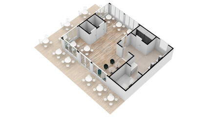 Floor plan 3d with the furniture Furniture symbols used in architecture plans icons set, office planning icon set, graphic design elements. Cafe top view plans.