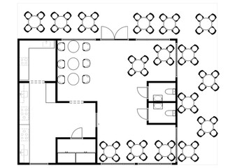 Floor plan 3d with the furniture Furniture symbols used in architecture plans icons set, office planning icon set, graphic design elements. Cafe top view plans.