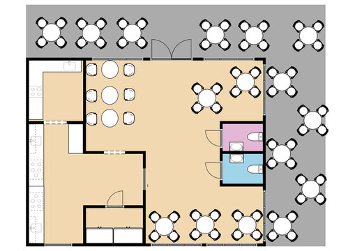 Floor plan 3d with the furniture Furniture symbols used in architecture plans icons set, office planning icon set, graphic design elements. Cafe top view plans.