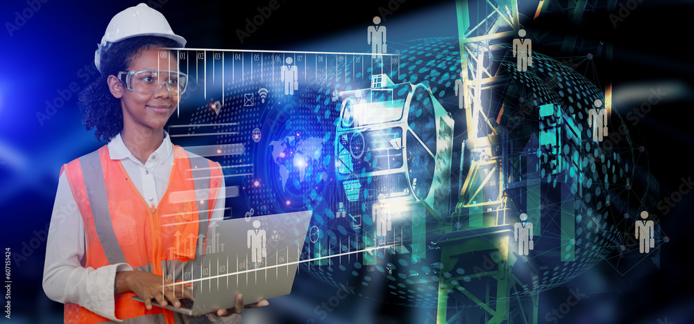 Poster double exposure engineering working with digital technology interfaces icon and construction cranes 