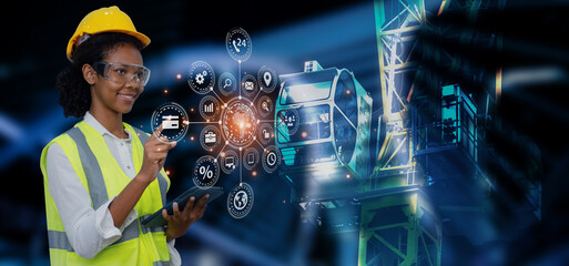 Double exposure engineering working with digital technology interfaces icon and construction cranes background, Smart industry and digital technology and IOT software concept.