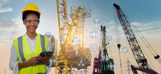 Double exposure engineering working with digital technology interfaces icon and construction cranes...