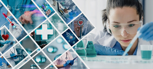 Double exposure of healthcare And Medicine concept. Doctor using modern virtual screen interface...