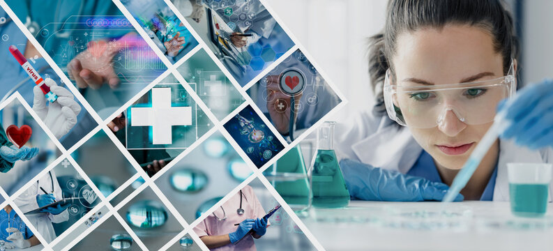 Double exposure of healthcare And Medicine concept. Doctor using modern virtual screen interface icons, 