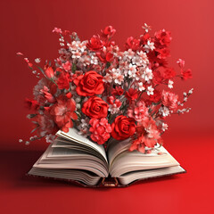 Book with flowers on red background spring vibe
