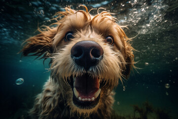 Underwater action view of dog diving. Generative AI
