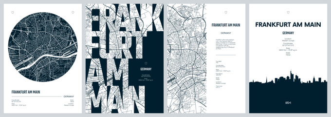 Set of travel posters with Frankfurt am Main, detailed urban street plan city map, Silhouette city skyline, vector artwork