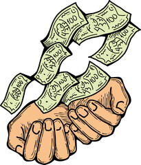 Big dollars banknotes money in your hands. Finance business, commerce, payment economy  theme for poster print, vector elements. Take or give loan. Hand drawn illustration. Cartoon style drawing.