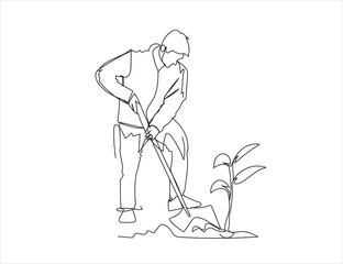 Drawing a man using a spade for planting world environment day vector illustration 