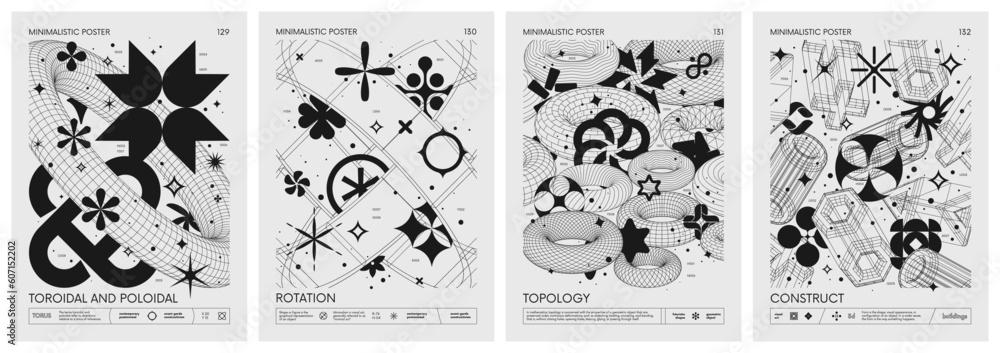 Fototapete Futuristic retro vector minimalistic Posters with 3d strange wireframes form graphic of geometrical shapes modern design inspired by brutalism and silhouette basic figures, set 33
