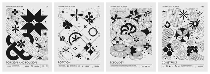 Futuristic retro vector minimalistic Posters with 3d strange wireframes form graphic of geometrical shapes modern design inspired by brutalism and silhouette basic figures, set 33