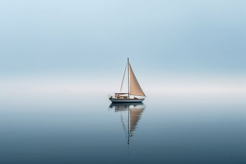 Sailboat on the sea.Minimalist style.Copy and text space.Created with generative ai