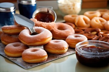 make donuts glaze topping in the kitchen stuff food photography