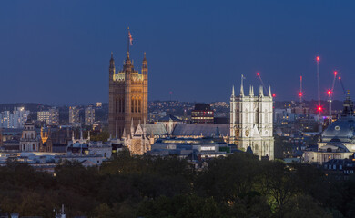 Fototapeta na wymiar Westminster panorama, Victoria Tower and Westminster Abbey in the evening, London, United Kingdom