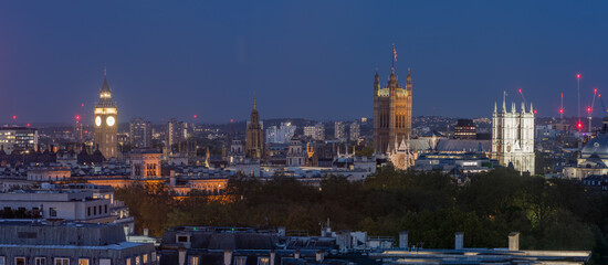 Westminster panorama, Big Ben, Victoria Tower and Westminster Abbey in the evening, London, United Kingdom