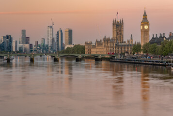Westminster Palace with Big Ben, Vauxhall skyscrapers and Westminster bridge seen across River...