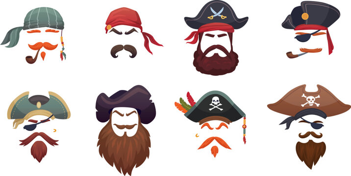 Pirate masks. Carnival sea pirates faces mask, cartoon bandana corsair head sea pirate costume cap beard and hair for selfie filter or humor avatar, ingenious vector illustration