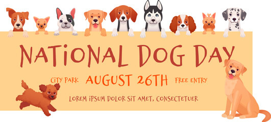 National dog day. International dogs appreciation or breed presenting awards days, veterinary flyer cartoon puppy purebred pets, animal party celebration banner vector illustration
