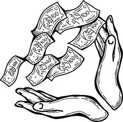 Big dollars banknotes money in your hands. Finance business, commerce, payment economy  theme for poster print, vector elements. Take or give loan. Hand drawn illustration. Cartoon style drawing.