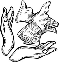 Big dollars banknotes money in your hands. Finance business, commerce, payment economy  theme for poster print, vector elements. Take or give loan. Hand drawn illustration. Cartoon style drawing.