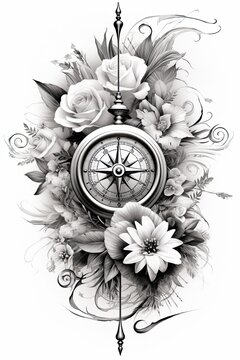 Wind rose compass with floral border, tattoo drawing template, ai generative