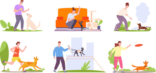 Spending time with pets. People home animals leisure, owners playing ball cat or jogging walk dog outside, active exercise relax