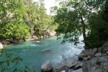 river,  water is rushing through a naturally formed rocks with green trees.