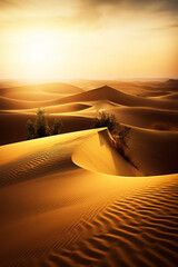 Desert sand dunes in worm sun light. Generative AI