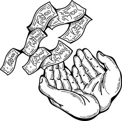 Big dollars banknotes money in your hands. Finance business, commerce, payment economy  theme for poster print, vector elements. Take or give loan. Hand drawn illustration. Cartoon style drawing.