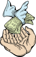 Big dollars banknotes money in your hands. Finance business, commerce, payment economy  theme for poster print, vector elements. Take or give loan. Hand drawn illustration. Cartoon style drawing.