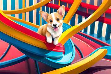 A playful and mischievous Corgi puppy exploring a colorful, whimsical playground.