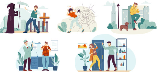 People phobias. Anxiety woman man afraid meeting fears of death violence spider or doctor, arachnophobia psychological disorder distress horrified person garish vector illustration