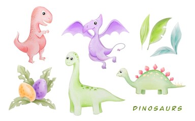 set of funny watercolor dinosaurs 