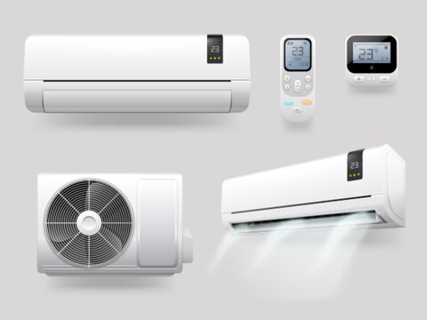Realistic conditioner. Air conditioners with ionizer refreshing cool aires purifier on ac energy, split system remote control weather in house or office, exact vector illustration
