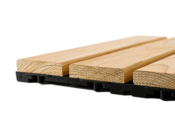 Tiles made of wood. Garden path.