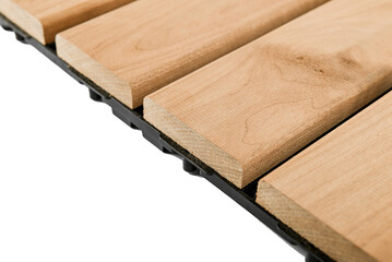 Tiles made of wood. Garden path.