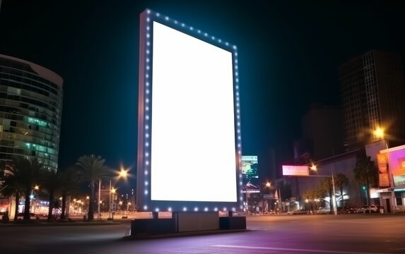 A Blank Mockup Of A Vertical Neon LED Billboard In Las Vegas, Perfect For Nighttime Advertising With An Empty Copy Space Screen. Generative AI