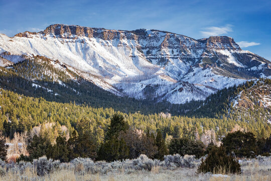 Snow-covered mountain and forest landscape in winter at Shoshone National Forest northwest Wyoming Rocky Mountain wilderness,