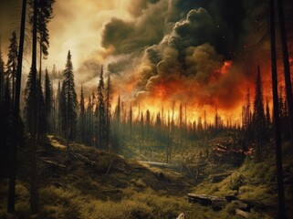 Fototapeta na wymiar Forest fire in the summer season of the dry period of the year. AI generated, human enhanced
