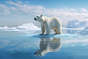 Naklejka na ściany i meble Polar bear on a melting ice floe. Climate change concept. AI generated, human enhanced.